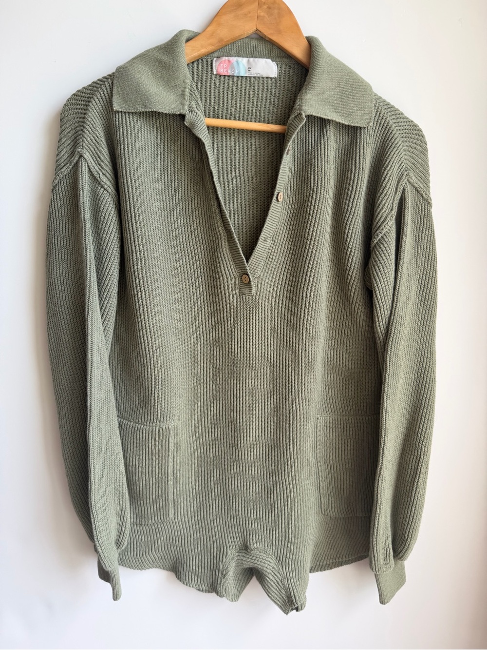 FP Beach Linen Cotton Knit Romper Light Sage Green XS